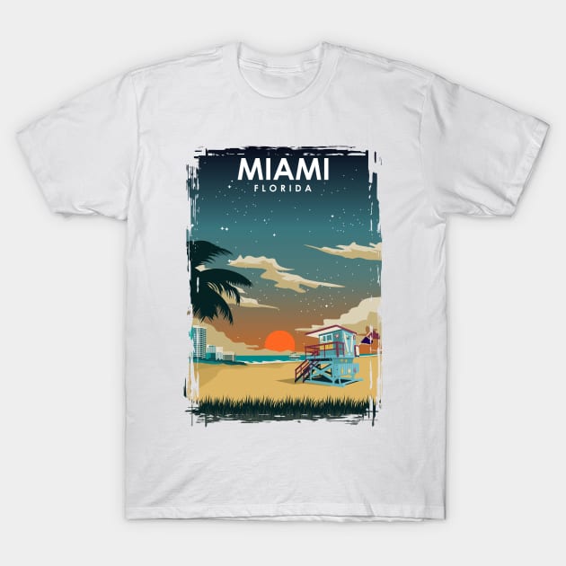 Miami Florida at Night Vintage Minimal Retro Beach Travel Poster T-Shirt by jornvanhezik